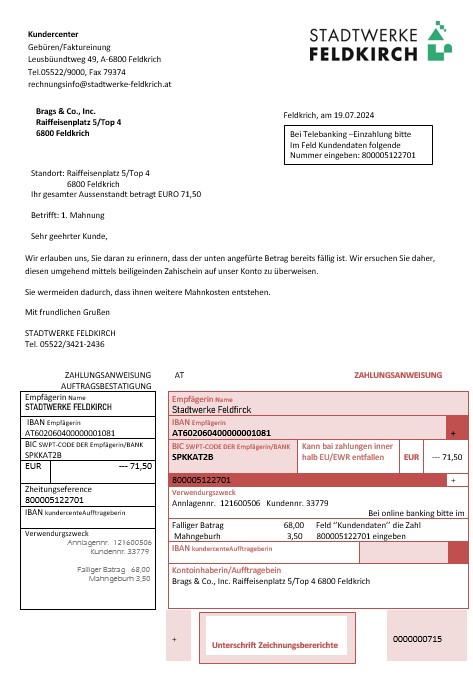 Austria Stadtwerke Feldkirch business utility bill template in Word and PDF format